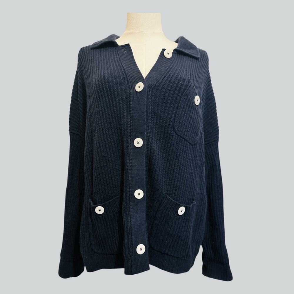 J. Jill Women's Navy Ribbed Cardigan Sweater‎ Size L Button Up Coastal Nautical - Picture 9 of 9